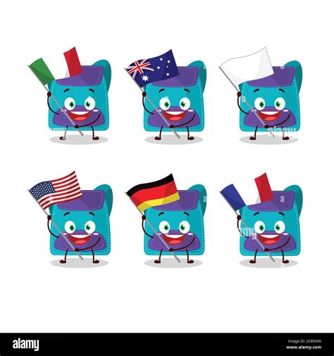 Blue Bag Cartoon Character Bring The Flags Of Various Countries Stock