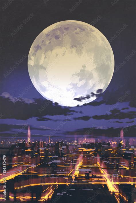 Night Scenery Of Full Moon Over Night City Skyline With Colorful Light