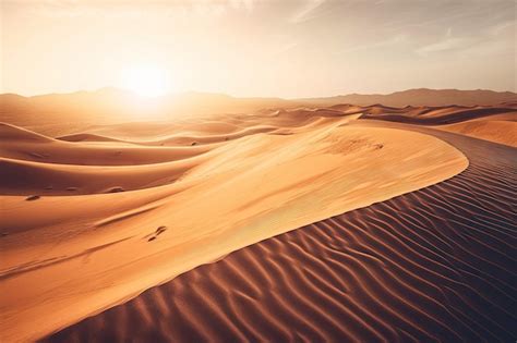 Premium AI Image Desert Dunes In Sunset With Warm Colors And The Sun