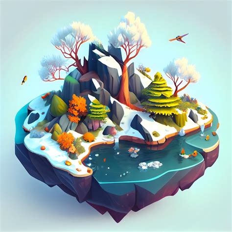 Premium Photo | Winter season isometric diorama island generative ai