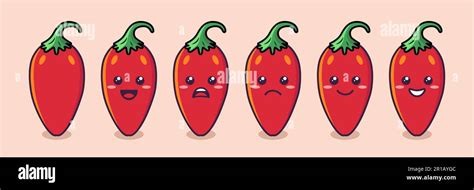 Vector Cartoon Cute And Funny Red Hot Chili Pepper Icon Set Kawaii Style Fresh Chili Hot