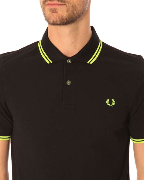 Fred Perry Slim Fit Black Polo Shirt With Contrasting Neon Yellow In Black For Men Lyst