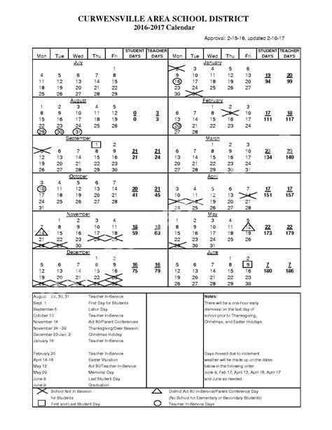 2016 - 2017 School Calendar | Curwensville Area School District ...