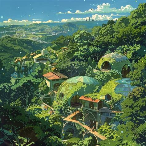 Anime Scenery Of A Futuristic City Surrounded By Trees And Mountains