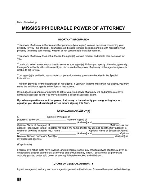 Free Mississippi Durable Power Of Attorney Form Pdf And Word