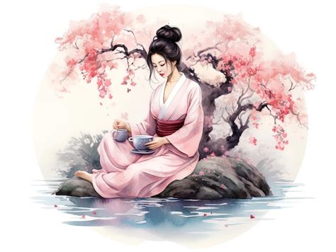 Premium Ai Image Chinese Traditional Drawing Of A Woman Drinking Tea