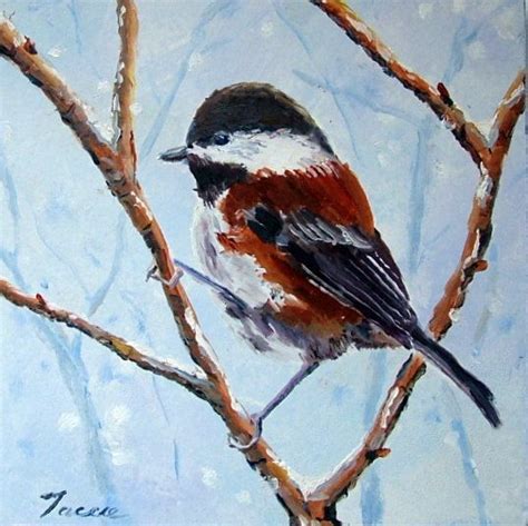 Painting Winter Chickadee Original Signed Oil By Woodartblocks