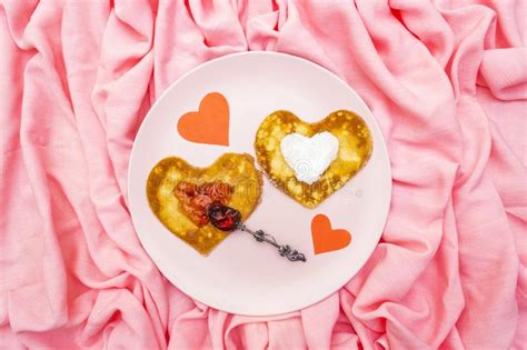 Heart Shaped Pancakes For Romantic Breakfast With Strawberry Jam