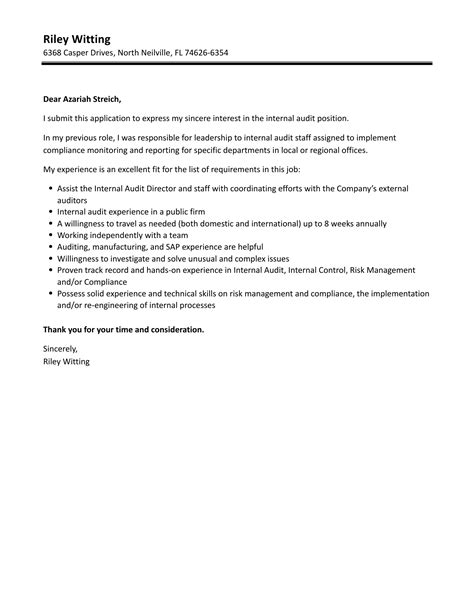 Internal Audit Cover Letter Velvet Jobs