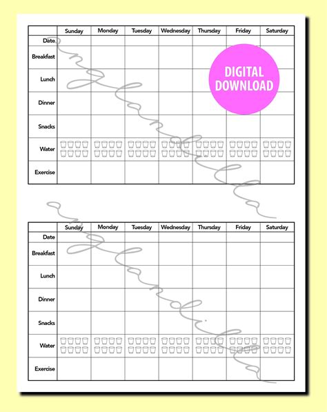 Food Log Weekly Food Journal Exercise Tracker Printable Pdf Etsy