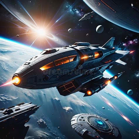 Futuristic Alien Spacecraft Deep Space Military Adventures In 3d Stock