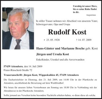 Traueranzeigen Von Rudolf Kost Trauer In Nrw De