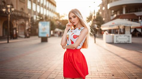 Women Street Portrait Women Outdoors Bokeh Face Blue Eyes Long