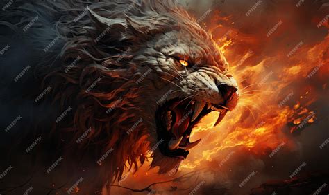 Premium Photo | Lion Roaring in Front of Fire