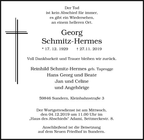 Traueranzeigen Von Georg Schmitz Hermes Trauer In Nrw De