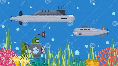 Underwater Submarines Boats Vector Illustration Banner Deep Sea