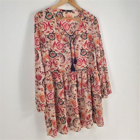 Sportsgirl Womens Sheer Blouse Top Size 8 Beige Floral Long Sleeve