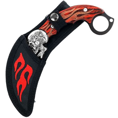 Skull Karambit Fixed Blade Knife With Flaming Wooden Handle Fm 573w