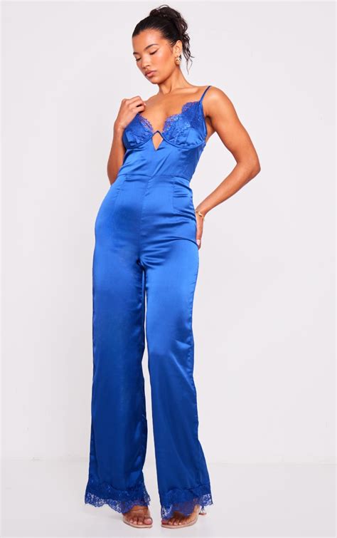 Blue Satin Lace Trim Detail Jumpsuit Jumpsuits And Playsuits Prettylittlething