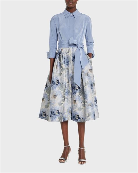 Teri Jon By Rickie Freeman Pleated Floral Jacquard Midi Shirtdress