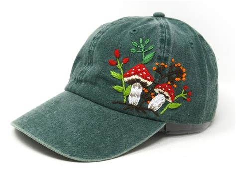 Hand Embroidered Twin Red Mushroom Baseball Hat Cute Mushroom Green