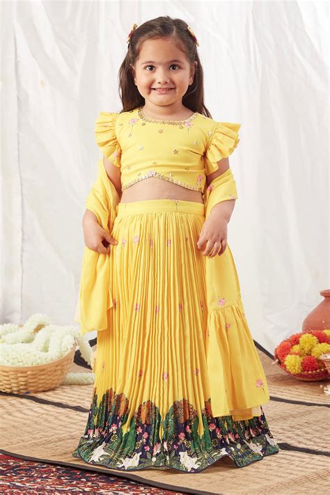 Buy Yellow Crepe Printed Floral Pleated Lehenga Set For Girls By