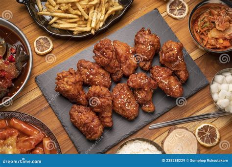 Korean Fried Chicken With Spicy Sauce Traditional Korean Food Fried Chicken With Rice And