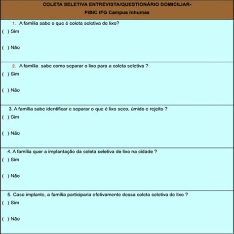 Question Rio Para Entrevistas Domiciliares Sobre Coleta Seletiva