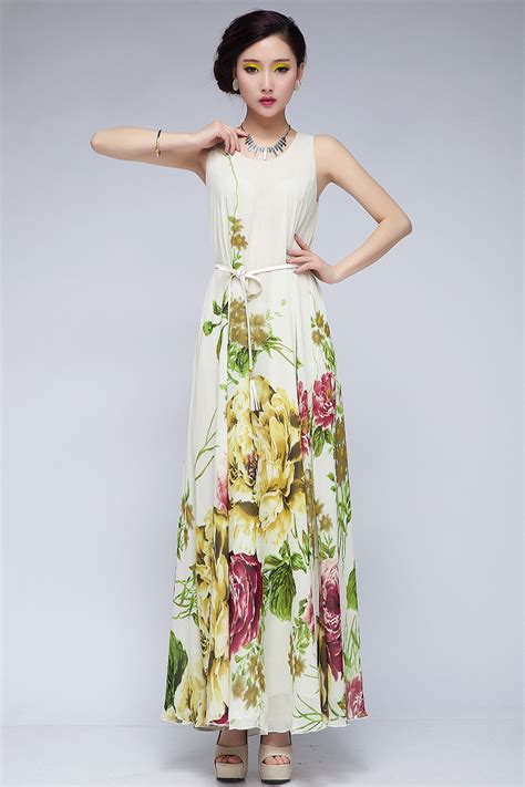 Big Size Bohemia Summer Chiffon Flower Pattern Long Beach Dress White