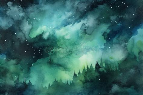 Watercolor Abstract Night Sky In Forest Generative Ai Stock