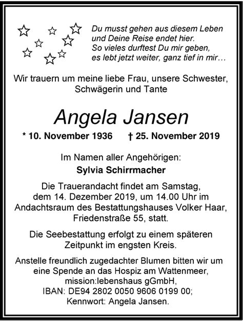 Traueranzeigen Von Angela Jansen Nordwest Trauer De