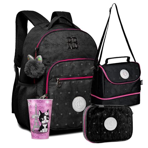 Kit Mochila Estojo Lancheira Rebecca Bonbon Escolar Juvenil Pompom