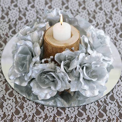 Pack Silver Artificial Silk Rose Floral Candle Rings Candle Holders