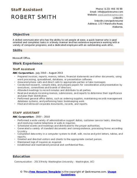 Staff Assistant Resume Samples Qwikresume