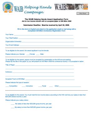 Fillable Online Aib Msu WAIB Helping Hands Award Application Form Fax