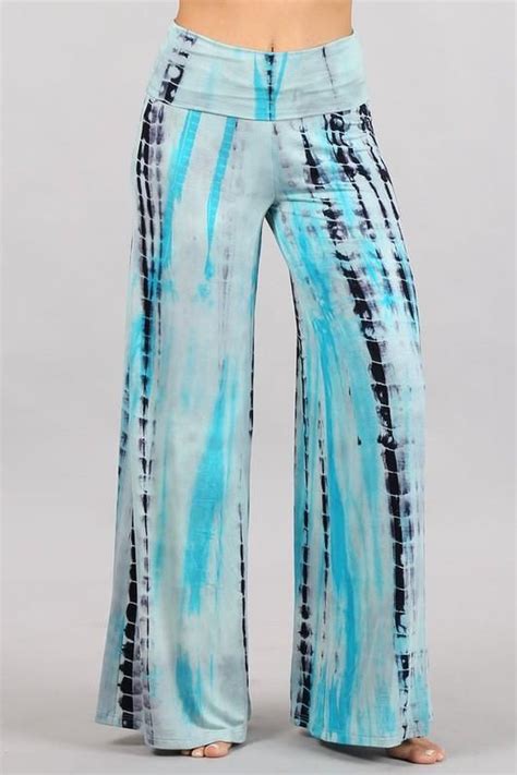 Navy And Aqua Tie Dye Wide Leg Pants With Wide Fold Over Waistband Boho