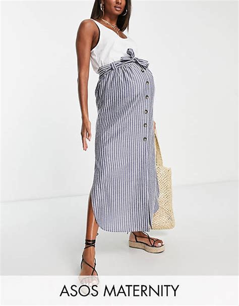 Asos Design Maternity Belted Button Through Midi Skirt In Mono Stripe