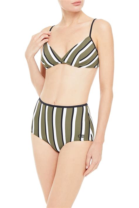 Solid Striped The Brigitte Striped Triangle Bikini Top In Green