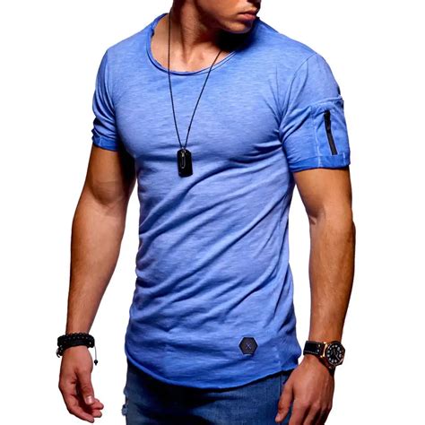 Zipper Shirts Men Tee Shirt Slim Fit O Neck Short Sleeve Shirts Muscle Casual Tops Boy Cotton T