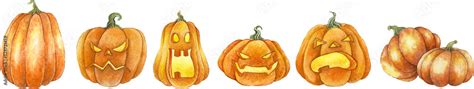 Watercolor vector illustration of Halloween pumpkins. Seamless border ...