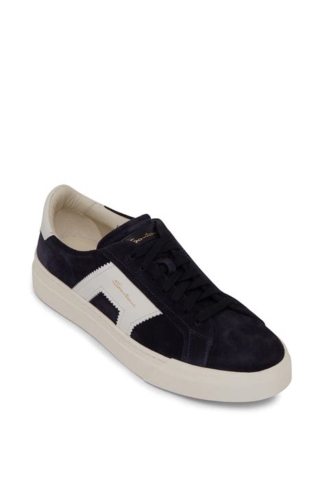 Santoni Double Buckle Navy Suede Sneaker Mitchell Stores