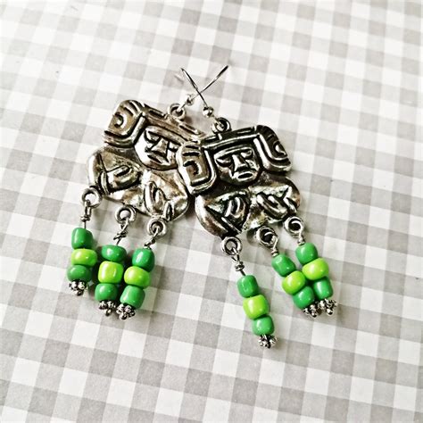 Green Beads Mayan Silver Earrings Mayan Jewelry Silver Aztec Etsy