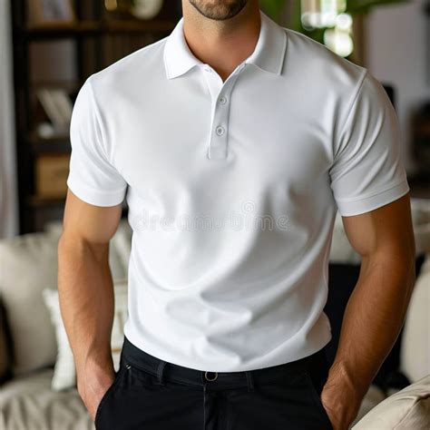 A Man Wearing a White Polo Shirt Standing in a Living Room Stock Photo ...