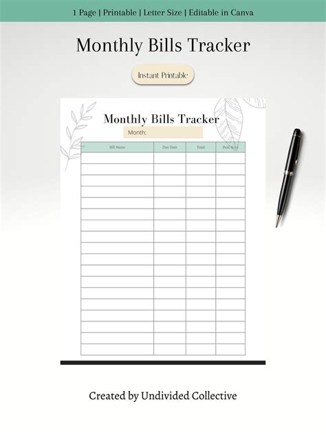 Monthly Bill Tracker Bills Tracker Monthly Bill Tracker Printable Editable Bills Tracker