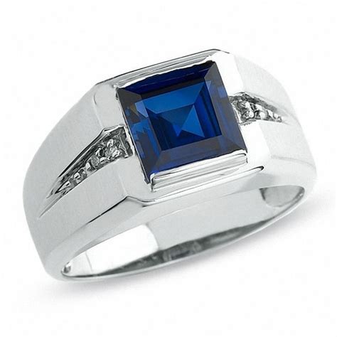 Men S Lab Created Blue Sapphire Ring In K White Gold With Diamond