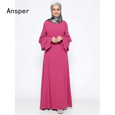 2018 Ruffle Tier Sleeve Muslim Dress Chiffon Islamic Women Long Loose