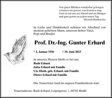 Traueranzeigen Von Gunter Erhard Trauerportal Ihrer Tageszeitung