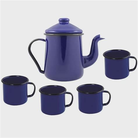 Bule Cafeteira Esmaltado Ewel Mãe Ágata 1 litro C 4 Canecas Azul em