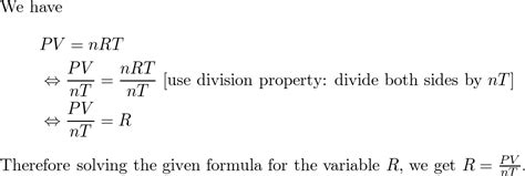 Solve The Formula For The Indicated Variable Pvnrt R Che Quizlet