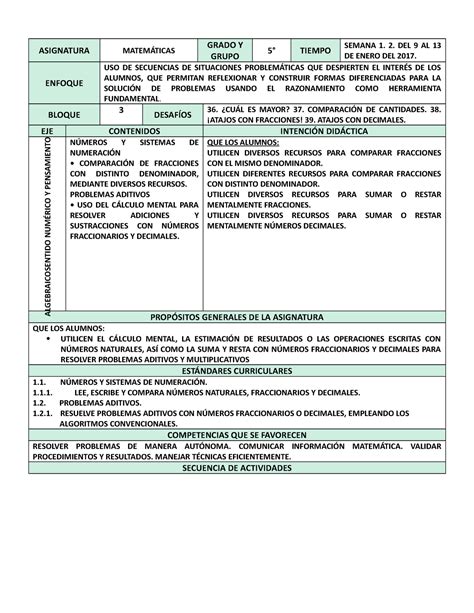 Plan 5to Grado Bloque 3 Matemáticas 2016 2017 Asignatura